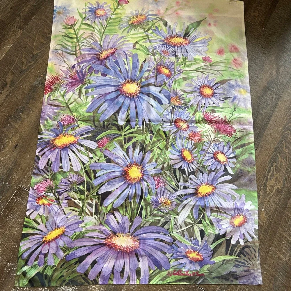 Kathleen‎ Parr McKenna Purple Aster Watercolor Floral Garden Flag Banner 28x39